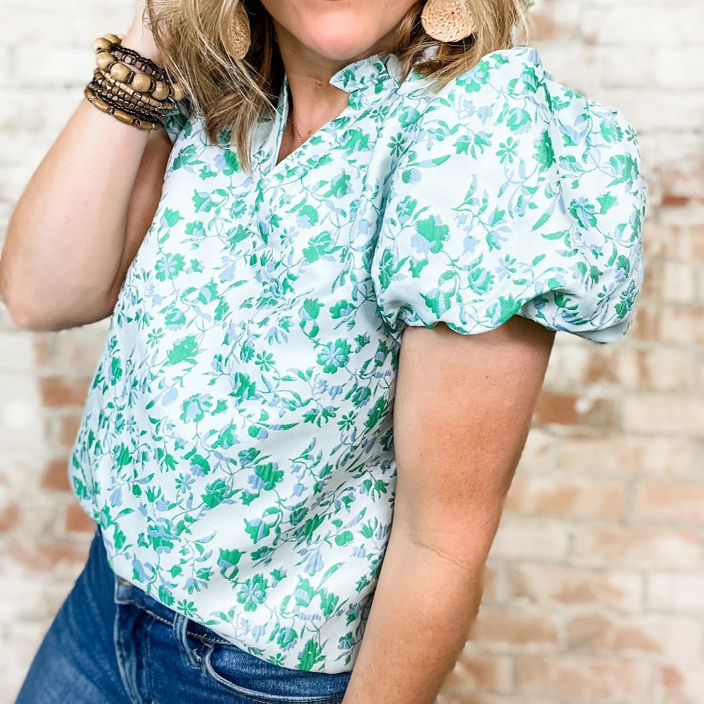 THML Puff Sleeve Floral Jacquard Boutique Top